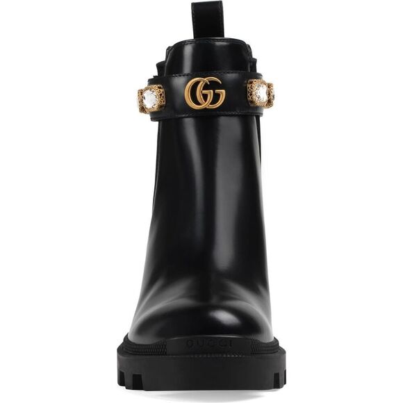 Gucci Trip Jewel Strap Bootie Leather Ankle Boots Black Gold 40.5 - Picture 3 of 5